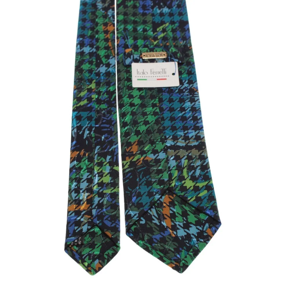 Italo Ferretti NWT Neck Tie in Blues / Green / Orange Houndstooth 100% Silk
